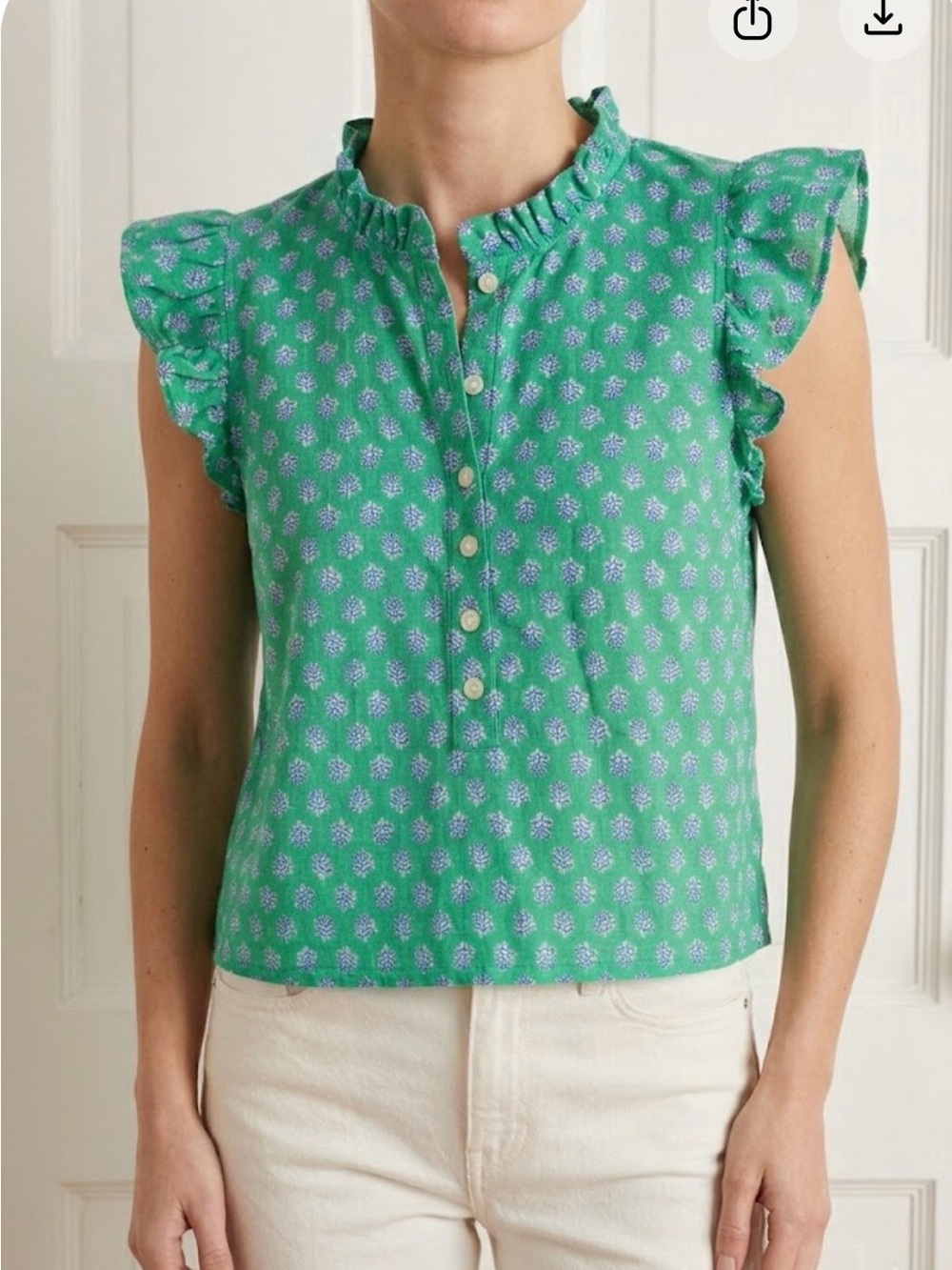 J.Crew Block Print Flutter Sleeve Cotton Top Green/Blue Womens Small Cottagecore